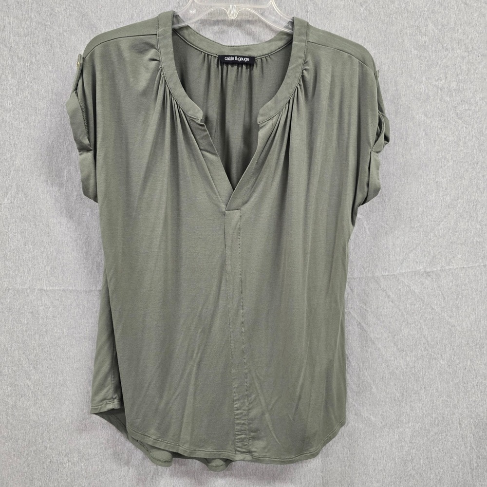 Cable & Gauge Womens Olive Green V-Neck Roll Tab Sleeve Blouse CSTP05415M Size M